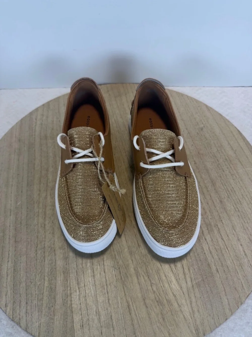 NWT Easy Spirit Eco Womens 7.5M Gold Glitter Lace Up Casual Sneakers Comfort